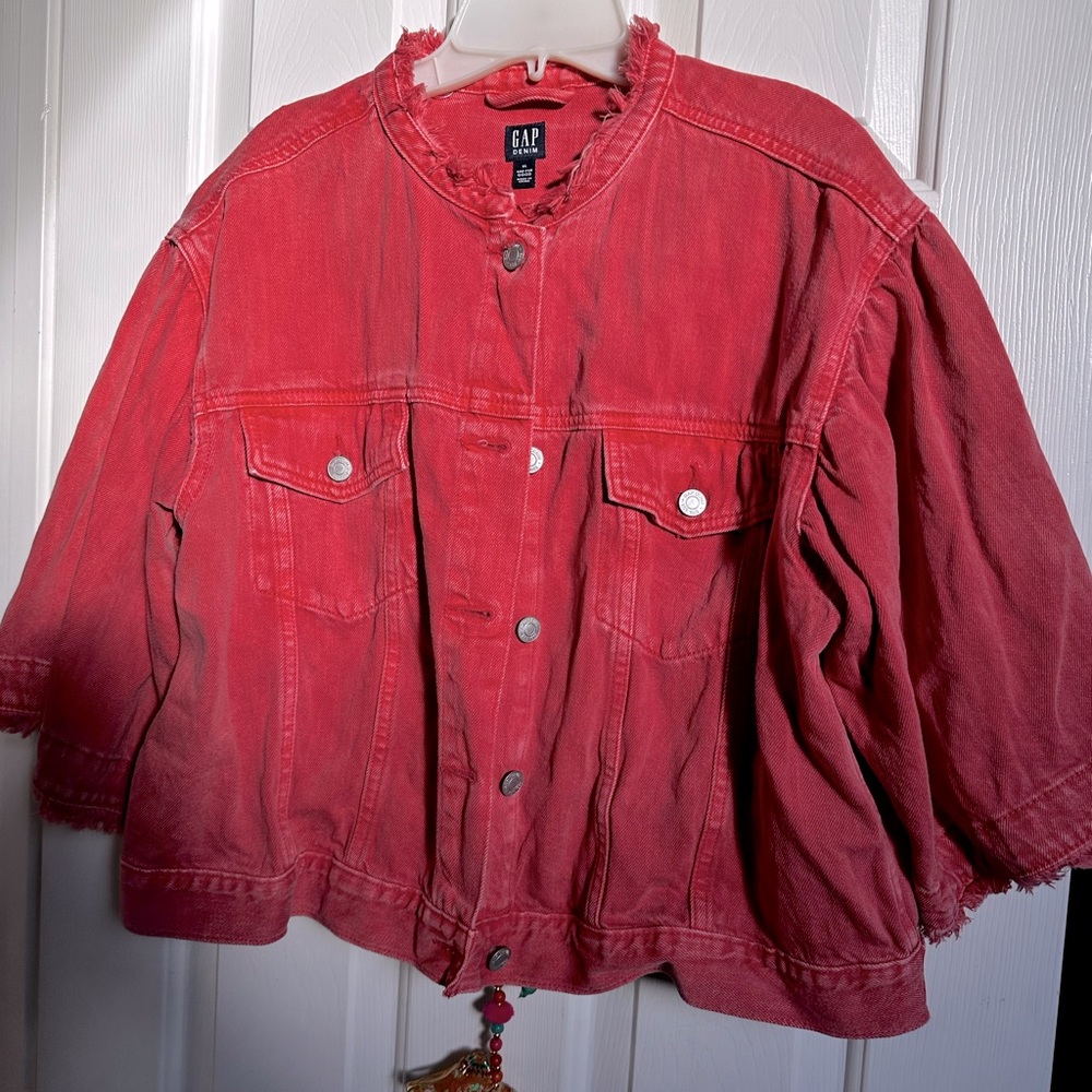 GAP Women's Faded Red/ Coral Denim Jacket with Frayed Collar